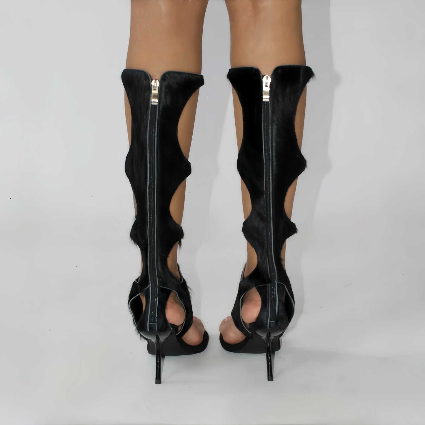 2025 New Luxury Women's Knee-High Boots | Real Horsehair Cut-Out Stiletto Heel & Rear Zipper | Evening Party Club Dress Shoes