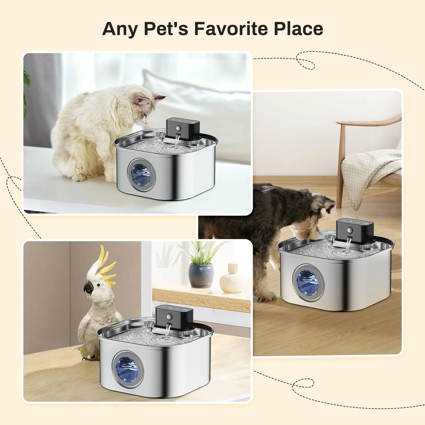 3.2L Automatic Stainless Steel Cat Water Fountain 4000mAh Wireless Pet Drinker Battery & Sensor 2 in 1 Dispenser
