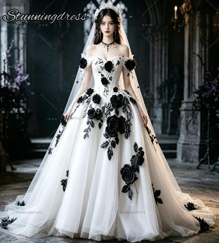 Gothic White Wedding Dress Wth Black 3D Rose Florals Off Shoulder Corset Tulle Ball Gown Princess Bride Dresses Victorian Witchy