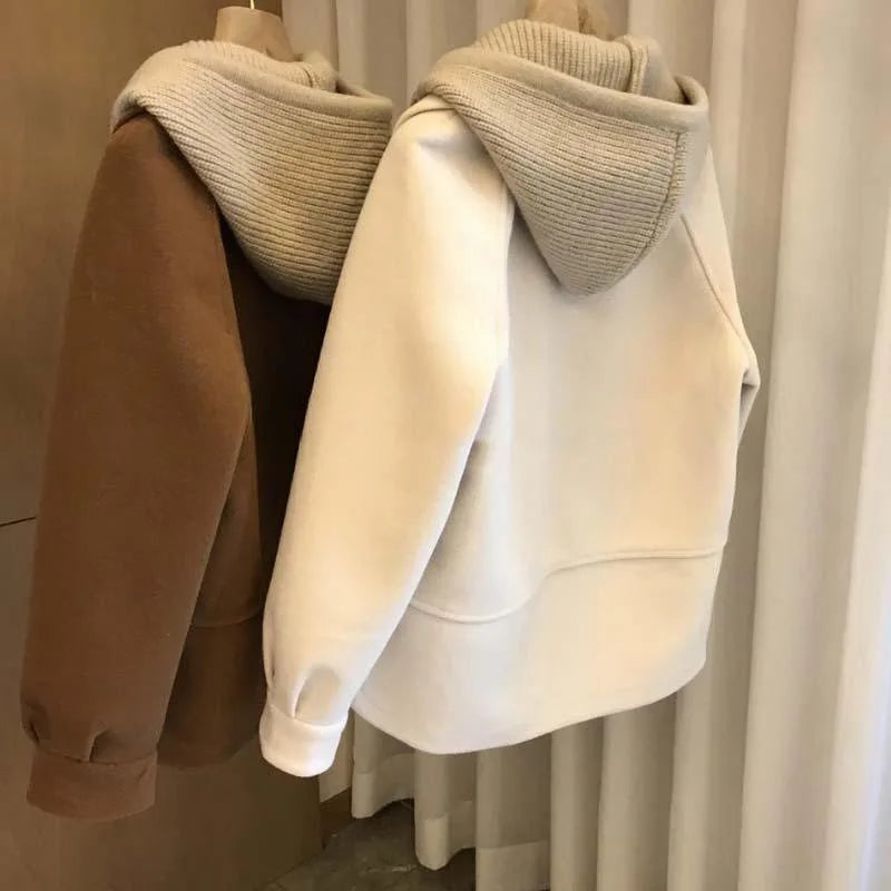 New Wool Coat for Women in Autumn and Winter High-end Knitted Hooded Fake Two-piece Thick Top