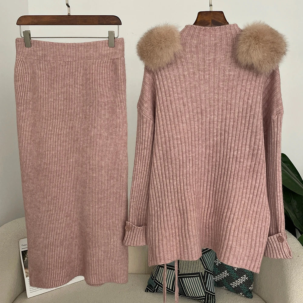Sweater Set Warm suit Women Winter Knitted Suits two Piece Set Natural fox fur collar Sweater + Loose Trousers Office Lady Suit