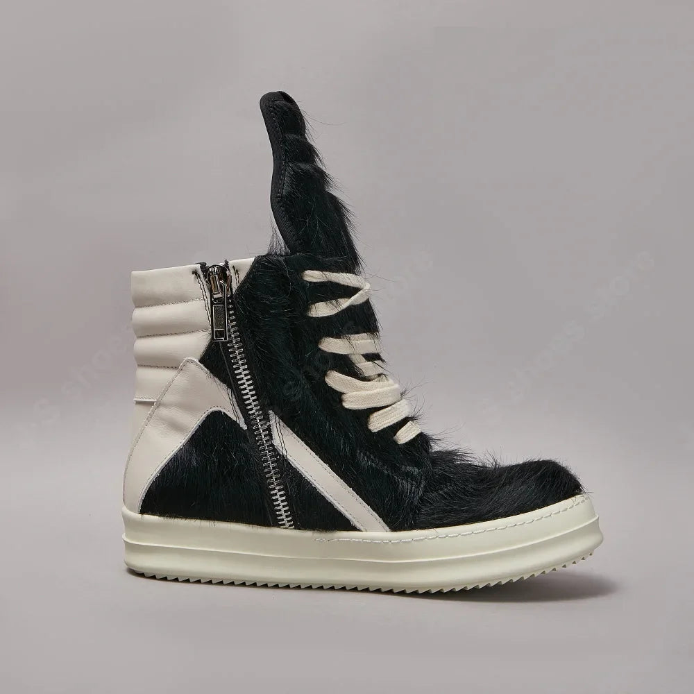 Ro Luxury Men Ankle Boot Black Horsehair Boots Women Sneaker Horse Hair High Top Shoe  Casual Shoes Zipper Sneakers