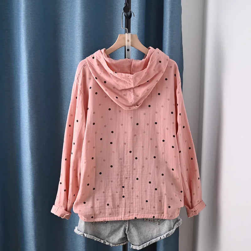 2025 Middle-aged women's clothing 100% cotton yarn hoodies polka dot print shirts long sleeve blouses for women hooded tops