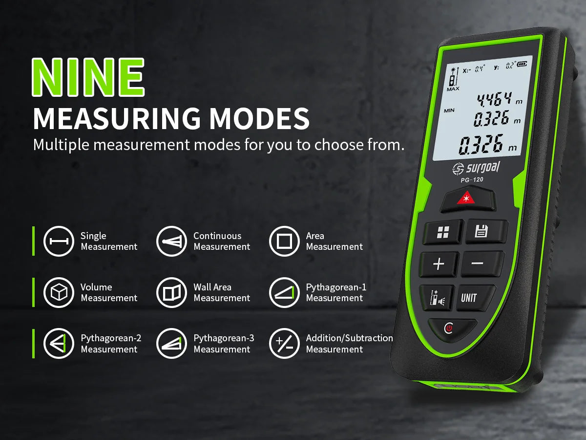 SG SURGOAL 120m Green Laser Rangefinder with Digital Level Rechargeable Laser Distance Meter Tape