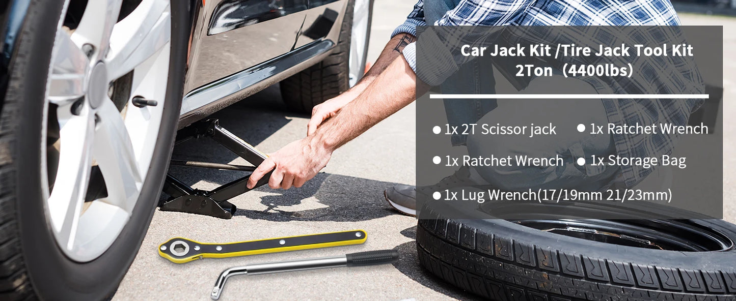2 Ton Car Jack Kit, Tire Jack Tool Kit, Universal Car Emergency Kit with Lug Wrench, Heavy Duty Material Scissor Jack for Car SU