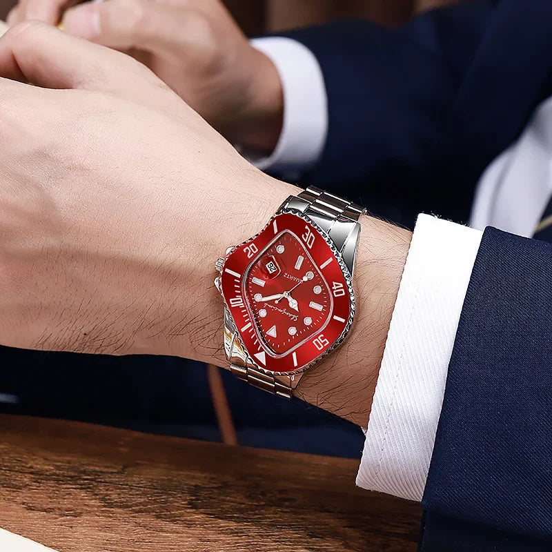 New Watch for Men Unusual Conceptual Crash Melting Twist Shaped Case Quartz Wristwatch Male Man Rhombic Green Clock Reloj Hombre