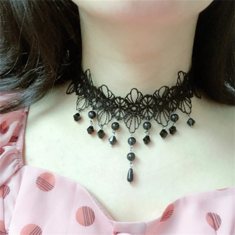Sexy Lace Necklace Vintage Flowers Choker Pendant Female Jewelry Black Beading Bead Neck Ornament Hyperbole Neck Ornament