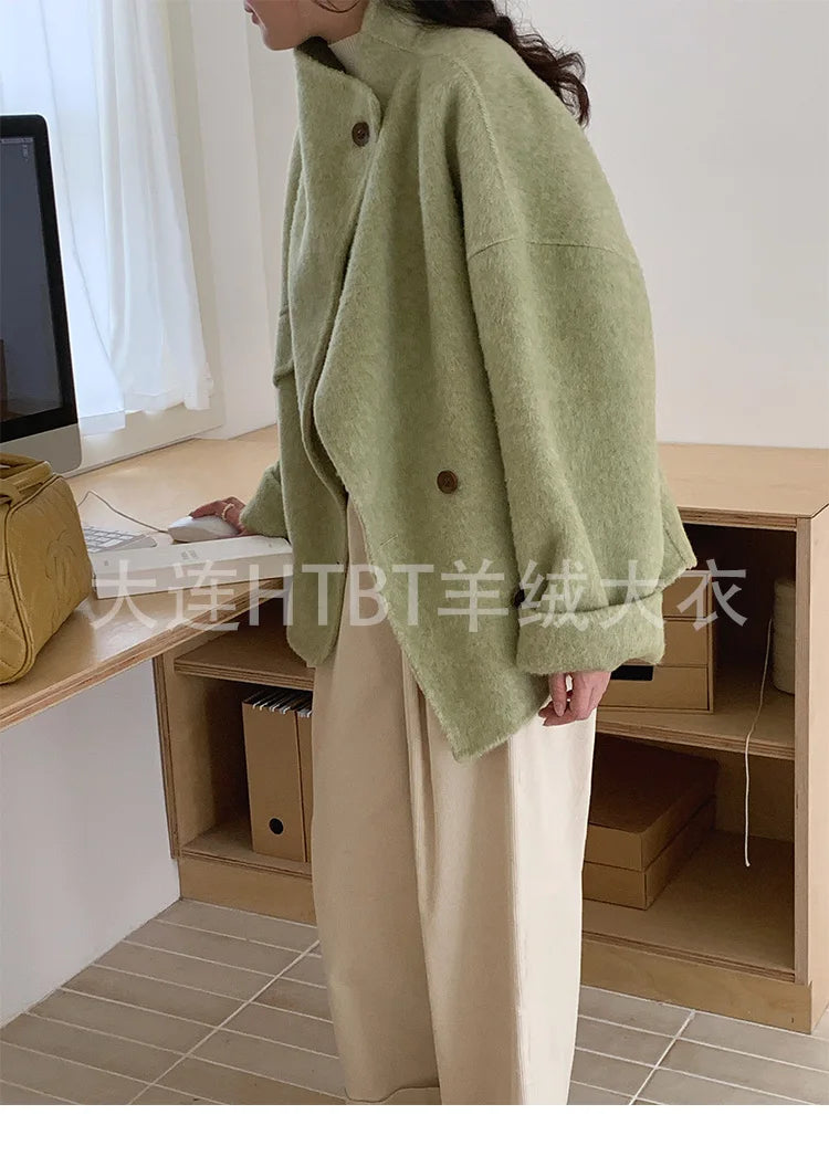 New Winter Short Woolen Coat Fashion Causal Warm Mulberry Silk Lapel Double-sided Wool Coat Loose Suit Jacket Female Tide Autumn