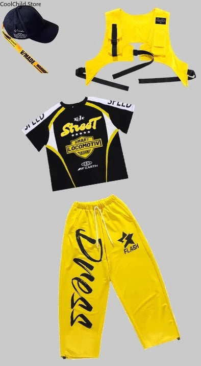 Boys Hip Hop Contrast T-shirt Yellow Vest Sweat Pants Girls Street Dance Jazz Costume Children Clothes Set Kids K-pop Streetwear