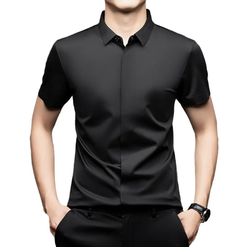 Silk Men Short Sleeve Shirt Business Casual Stretch Pure Color Commercial Affairs Casual Top