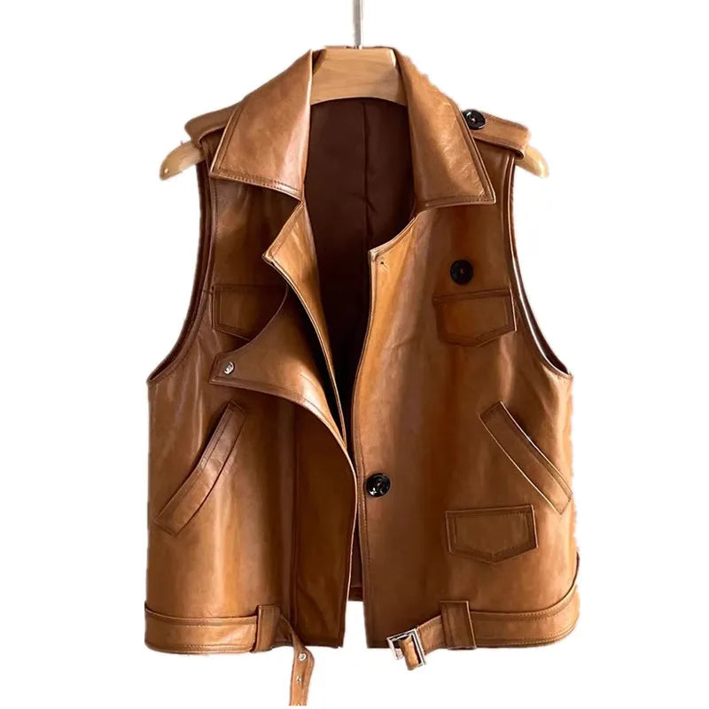 Women's Genuine Leather Vest Sheepskin Short Design Suit Collar Spring Autumn Fashion Outerwear