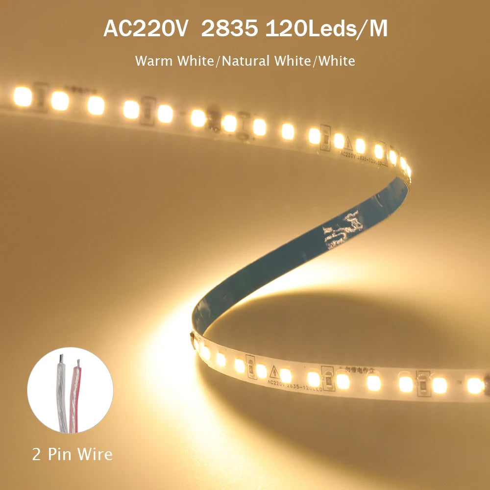 Adhesive Led Light Strip 10M 50M AC 220V 2835 120LEDs/m tiras de luces led Waterproof Ribbon Home Decor 3000K 4000K 6000K
