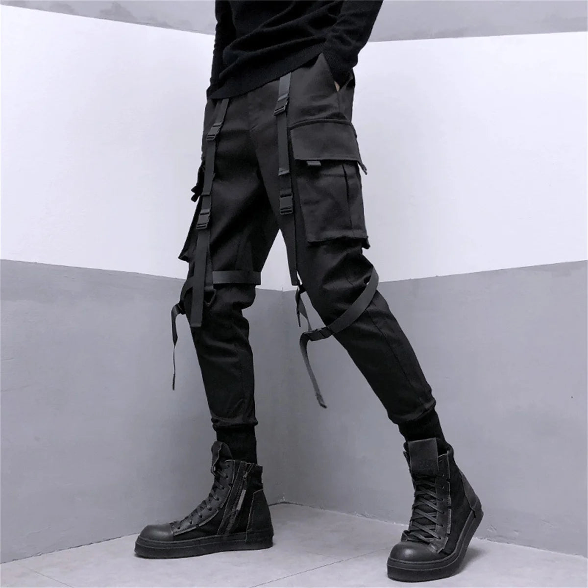 Black Cargo Pants Hip Hop Joggers Men Loose Harem Pants Multi-pocket Ribbon Men's Pants Trousers Streetwear Sport Pants for Men