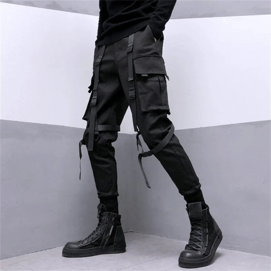 Black Cargo Pants Hip Hop Joggers Men Loose Harem Pants Multi-pocket Ribbon Men's Pants Trousers Streetwear Sport Pants for Men