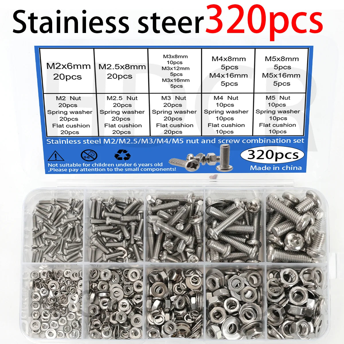 320pcs Stainless Steel Screw Nut Bolt Assortment Kit M2 M2.5 M3 M4 M5 Nuts and Bolts Assortment