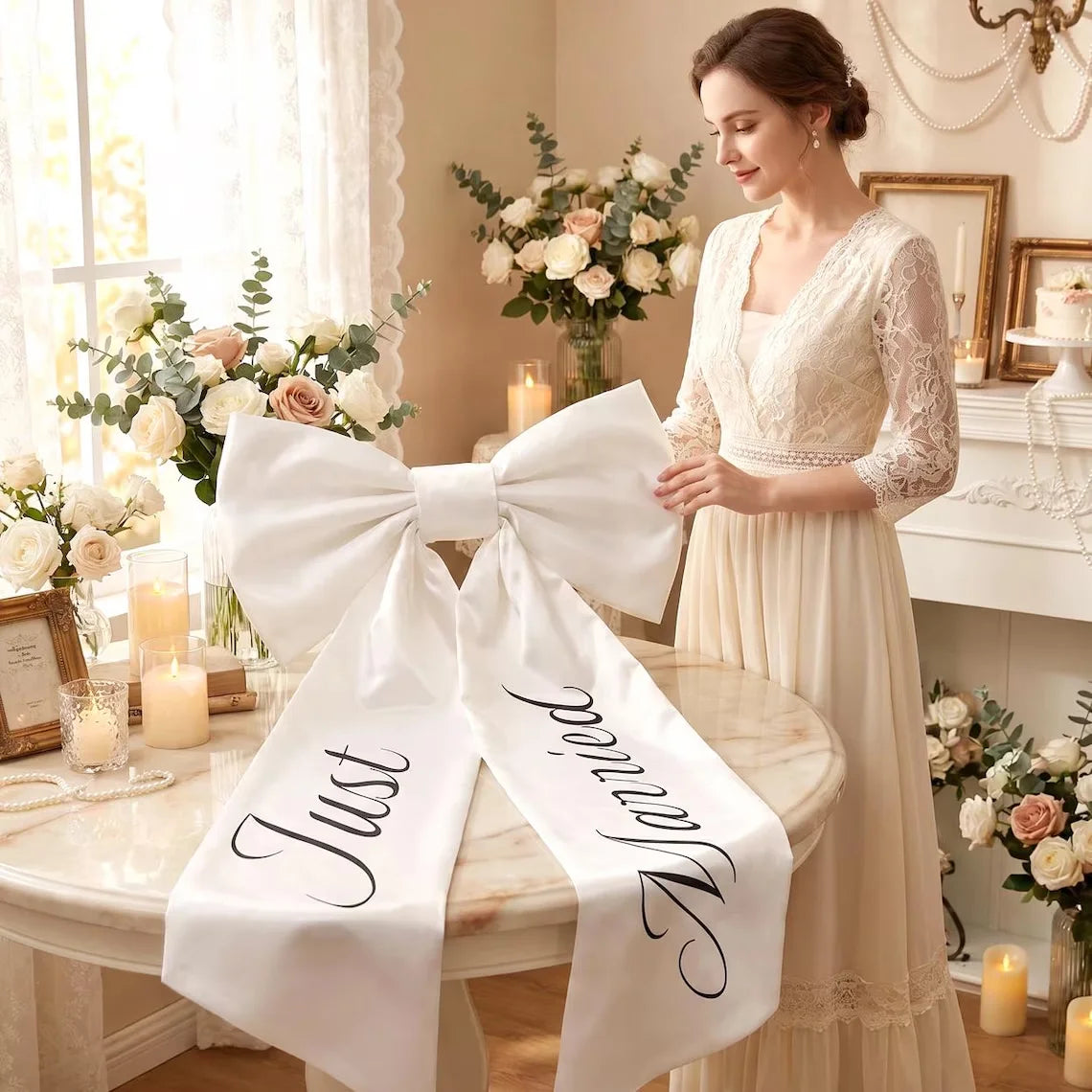 Just Married Car Bow With Ribbon Elegant Wedding Car Decor Lovely Accessory For Wedding Day Bridal Shower Newlywed Vehicle Decor