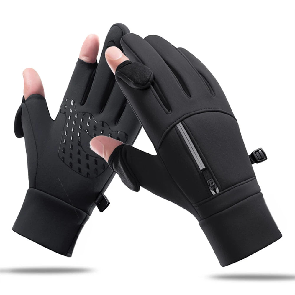 Winter Warm Gloves Flip Over Expose Two Fingers Gloves Windproof Touch Screen Gloves Cycling Ski Fishing Gloves