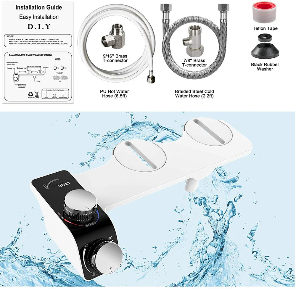 Bidet Attachment Self-Cleaning Double Nozzle Toilet Seat Adjustable Water Pressure Bidet Sprayer With Hose Non-Electric EU/US/AU