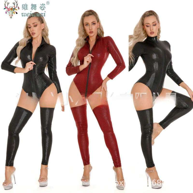 Lingerie Women Latex Leather Bodysuit with Belt Plus Size Rompers Shapewear Nightclub Outfit Cat Girl Porn Underwear