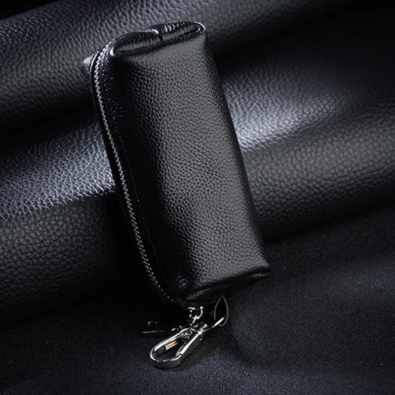 Genuine Leather Key Holder - Unisex Car/House Key Organizer Pouch with Long Keychain, Cow Split Leather Wallet Case