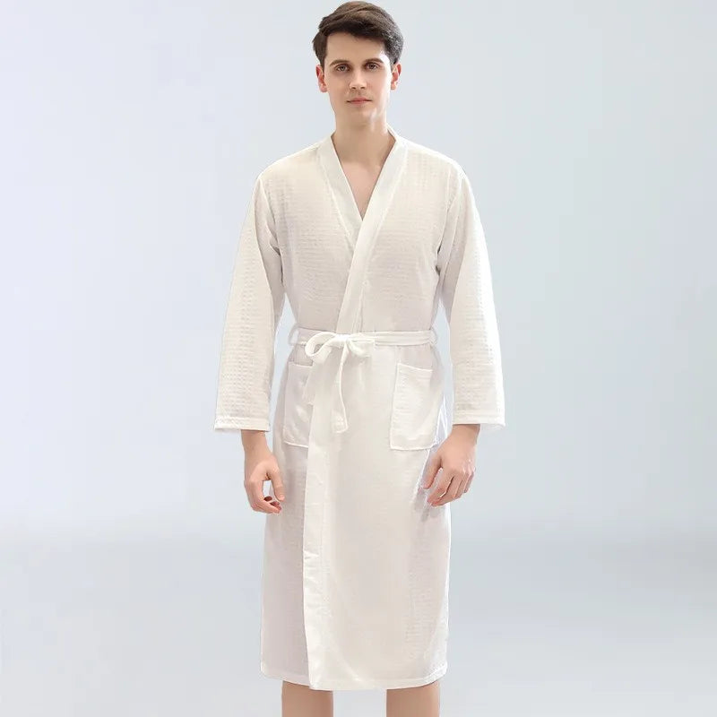 Men's Waffle Robe Long-Sleeve Solid Color Sauna Suit Soft And Breathable Bathrobe Ideal for Home Or Relaxation Cozy Loungewear