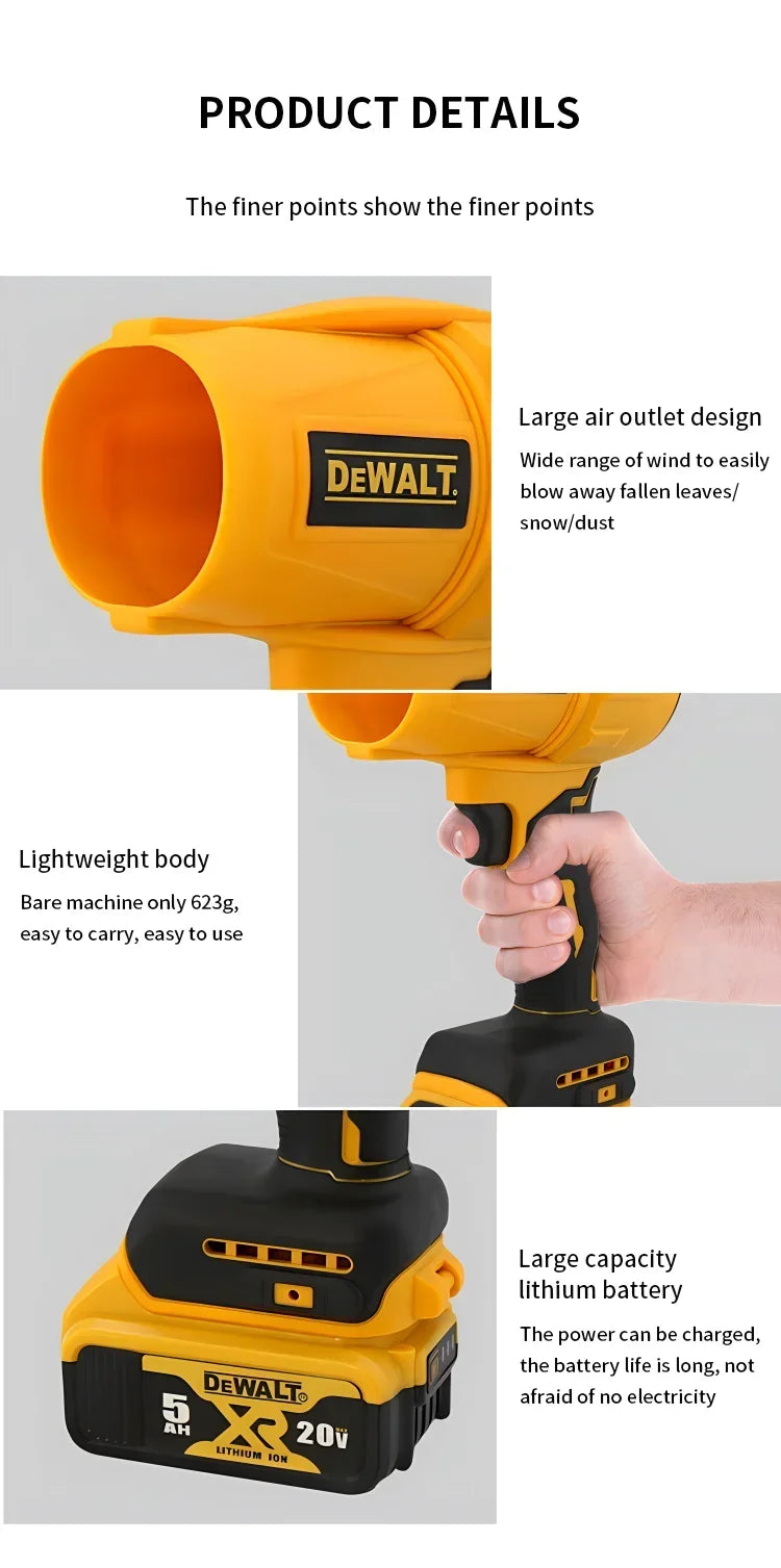 DEWALT Cordless Air Blower Brushless Turbo Fan Violent Fan 800G Thrust Handheld Dust Blowing Tool Rechargeable 20V Battery