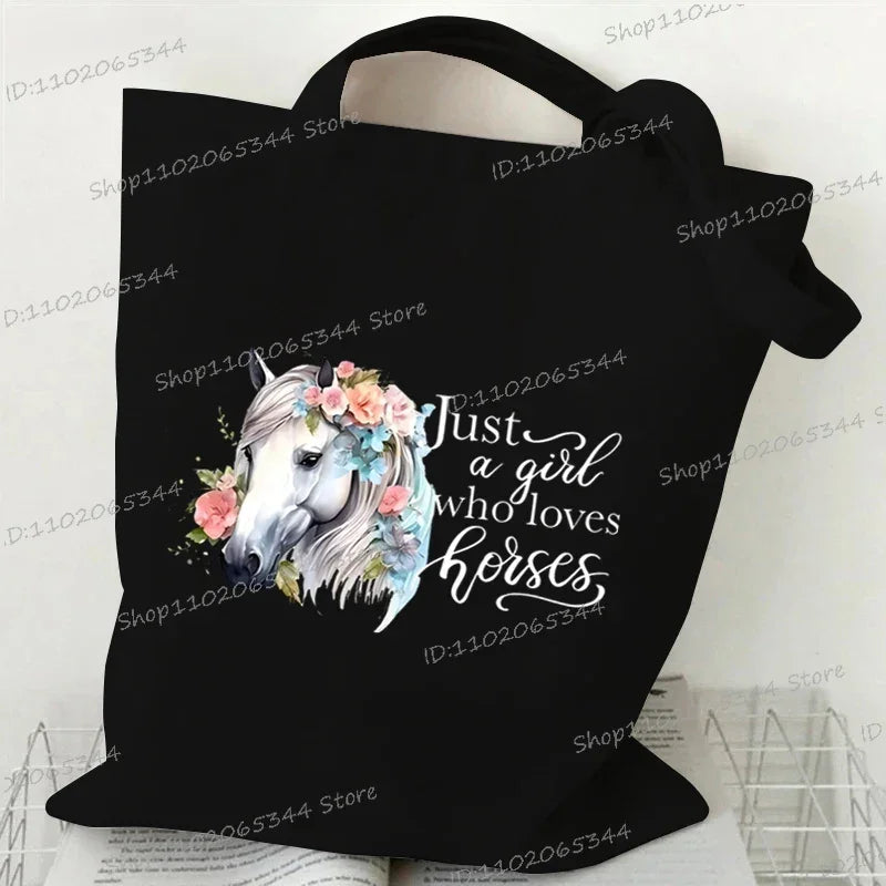Women's Tote Bag Just A Girl Who Loves Horses Print Canvas Large Capacity Shopping Bags Horse and Flower Commuter Shoulder Bag