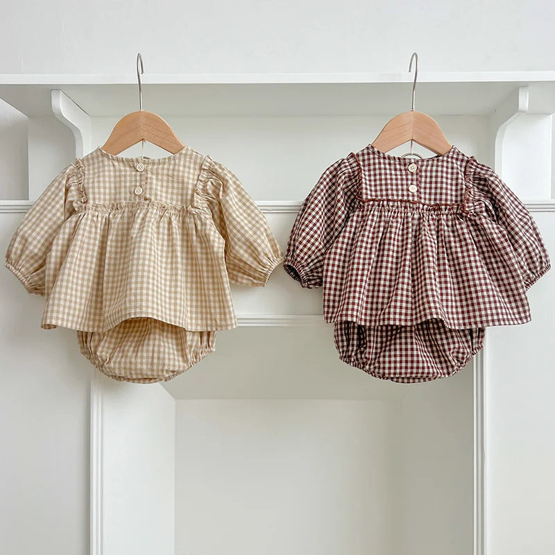 Baby Cotton Clothing Sets 0-2Yrs Autumn New Baby Girl Clothes Set Plaid Tee And Bloomer 2pcs Toddler Kids Vest + Shorts Suit