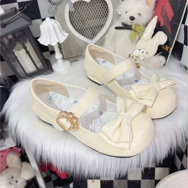 Women's Fashion Single Shoes Spring New Round Head Shallow Mouth Butterfly Knot Metal Buckle Soft Sole Non-slip Flat Shoes