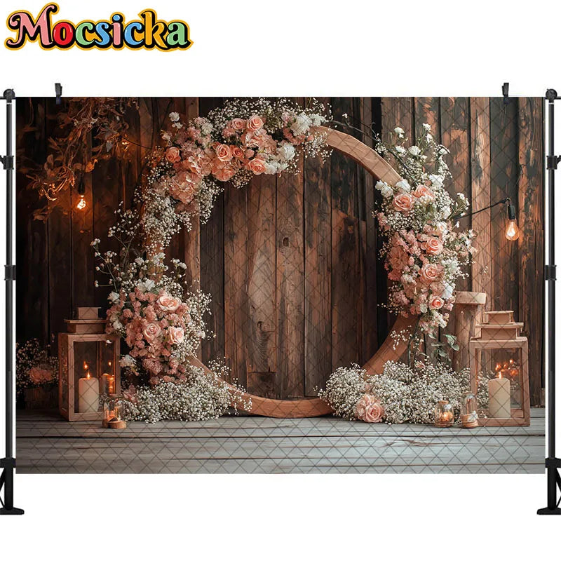 Wedding Theme Photography Background Round Wreath Wooden Wall Decoration Couple Wedding Scene Supplies Backdrop Studio Props