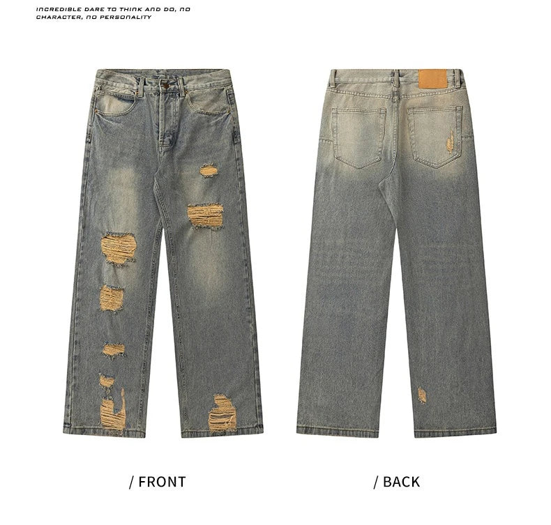 2025 Stylish Minimalistic Washed Ripped Denim Pants for Men Retro High Street Loose Wide Leg Pants for Spring and Autumn