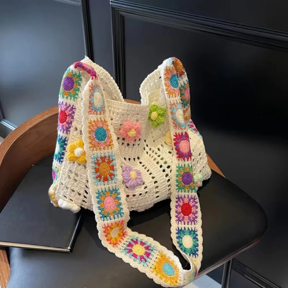 Fashion Large Capacity Women Shoulder Bag Floral Crochet Vintage Handbag Boho Hollow Out Knitted Crossbody Bags