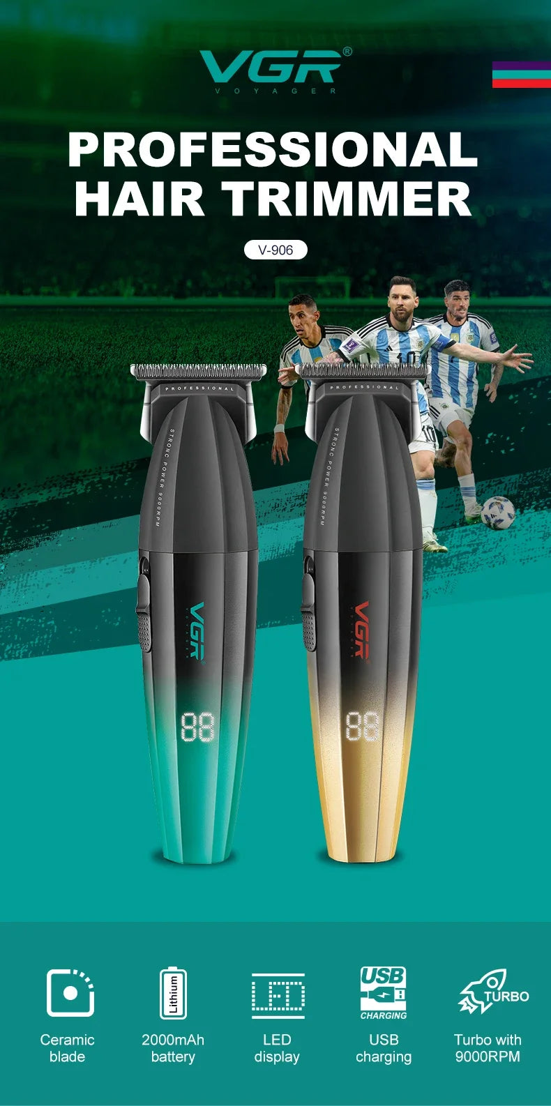 VGR V-906 Hair Salon Home Hair Trimmer Gradient Metal Body Hair Clipper Hair Carving LED Intelligent Digital Display Electric Pu