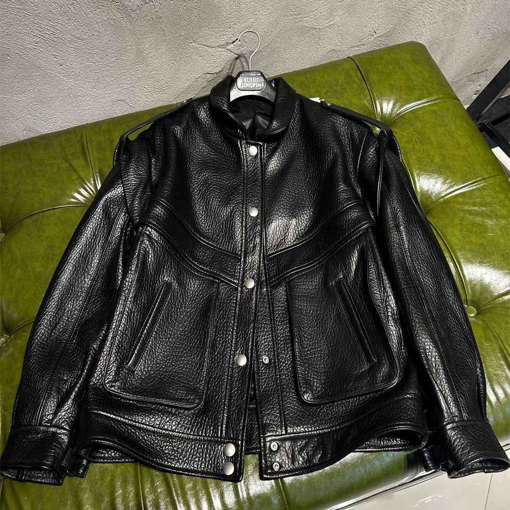 Oversized Brown Grained Letaher Jackets Women Genuine Jacket Sheep Leather Autumn Bomber Leather Jackets