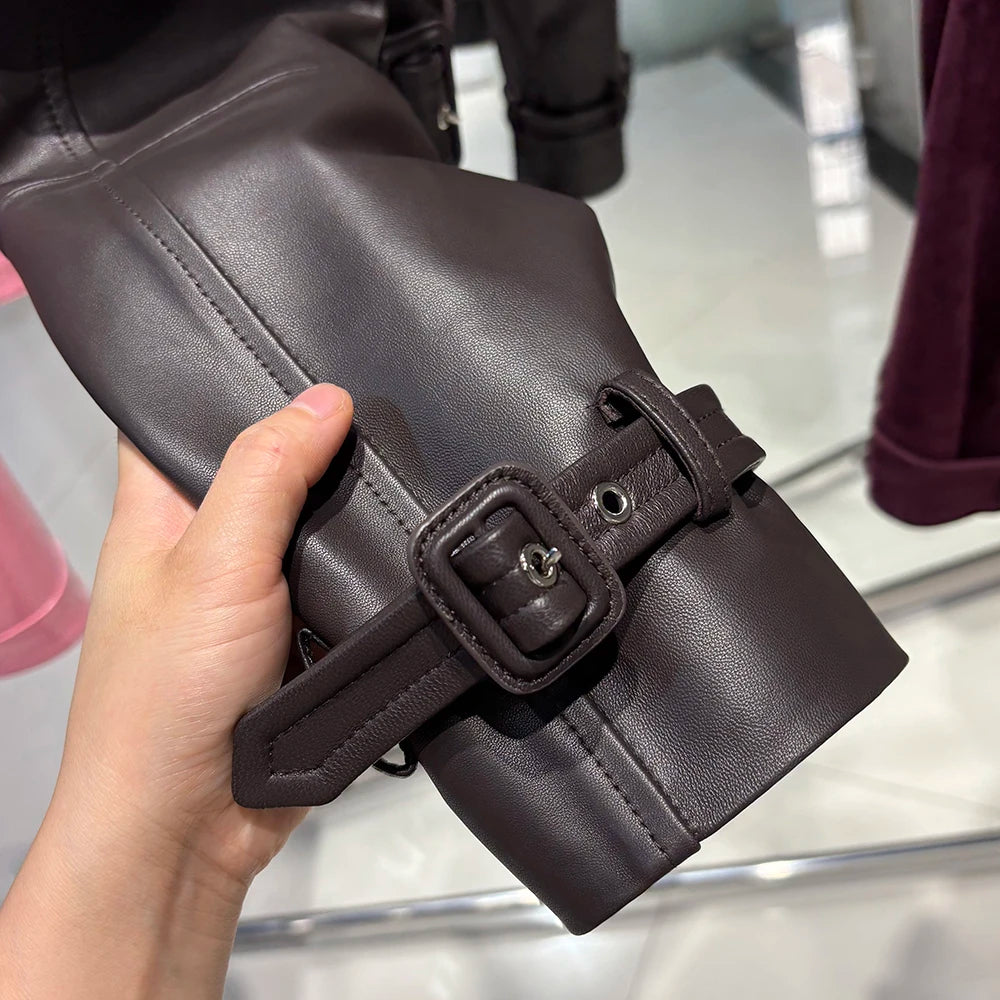 YOLOAgain Wide Shoulder Real Leather Jacket Women Oversized Genuine Leather Cropped Jacket