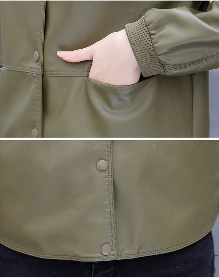 New Women Casual Leather Jacket Spring Autumn Fashion Patchwork V-Neck Single Breasted Loose Short Outerwear Split Leather