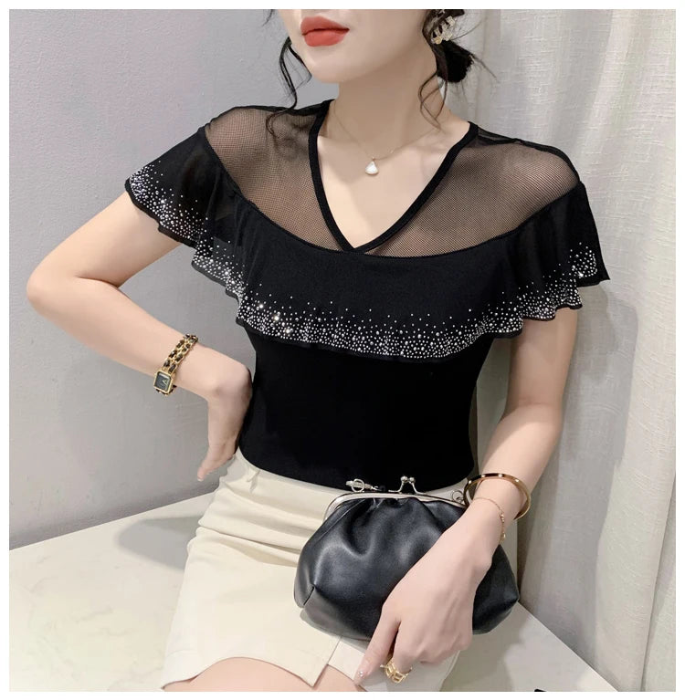 Real Photos Summer Tops Girl Patched Ruffles Mesh V Neck Short Sleeve T Shirt Women Fashion Tees Tshirts Beach Clothing