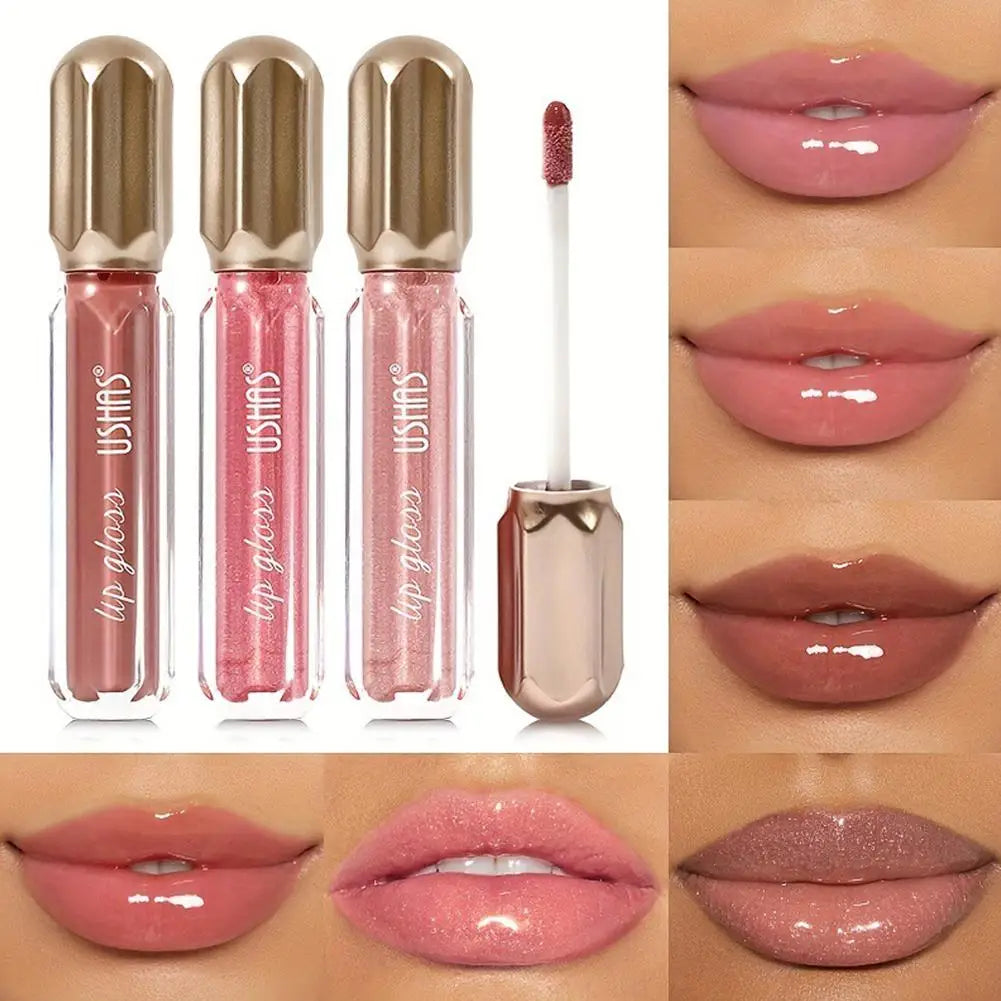 USHAS Mirror Pearl Lip Gloss Waterproof Non Stick Cup Long Lasting Moisturizing Lipstick Shine Glitter Lip Glaze Lip Tint Makeup