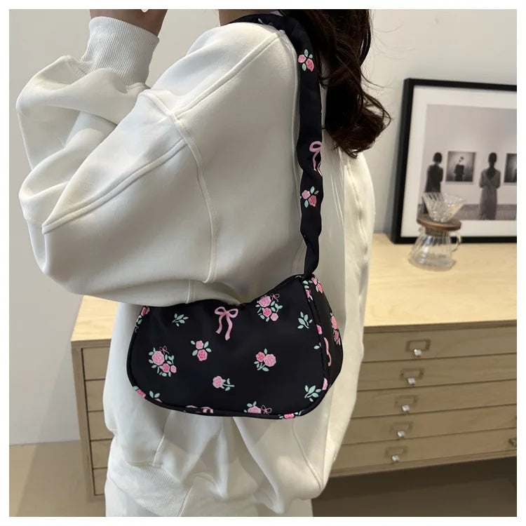 Women's Bags New Sweet Print Canvas Handbags Korean Floral Bow Printed Zipper Tote Bag Female Small Shoulder Bag