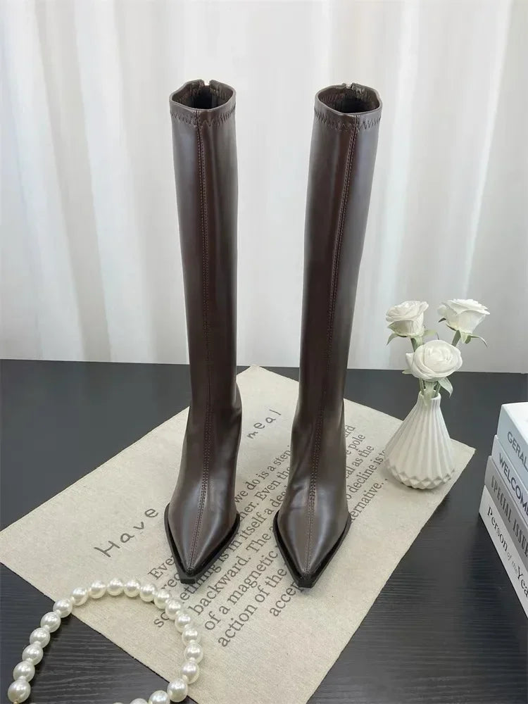 2025 New Women's High Heels Pointed Knee-length Female Boots Comfortable Stiletto Heel Soft Leather Women Shoes Zapatos De Mujer