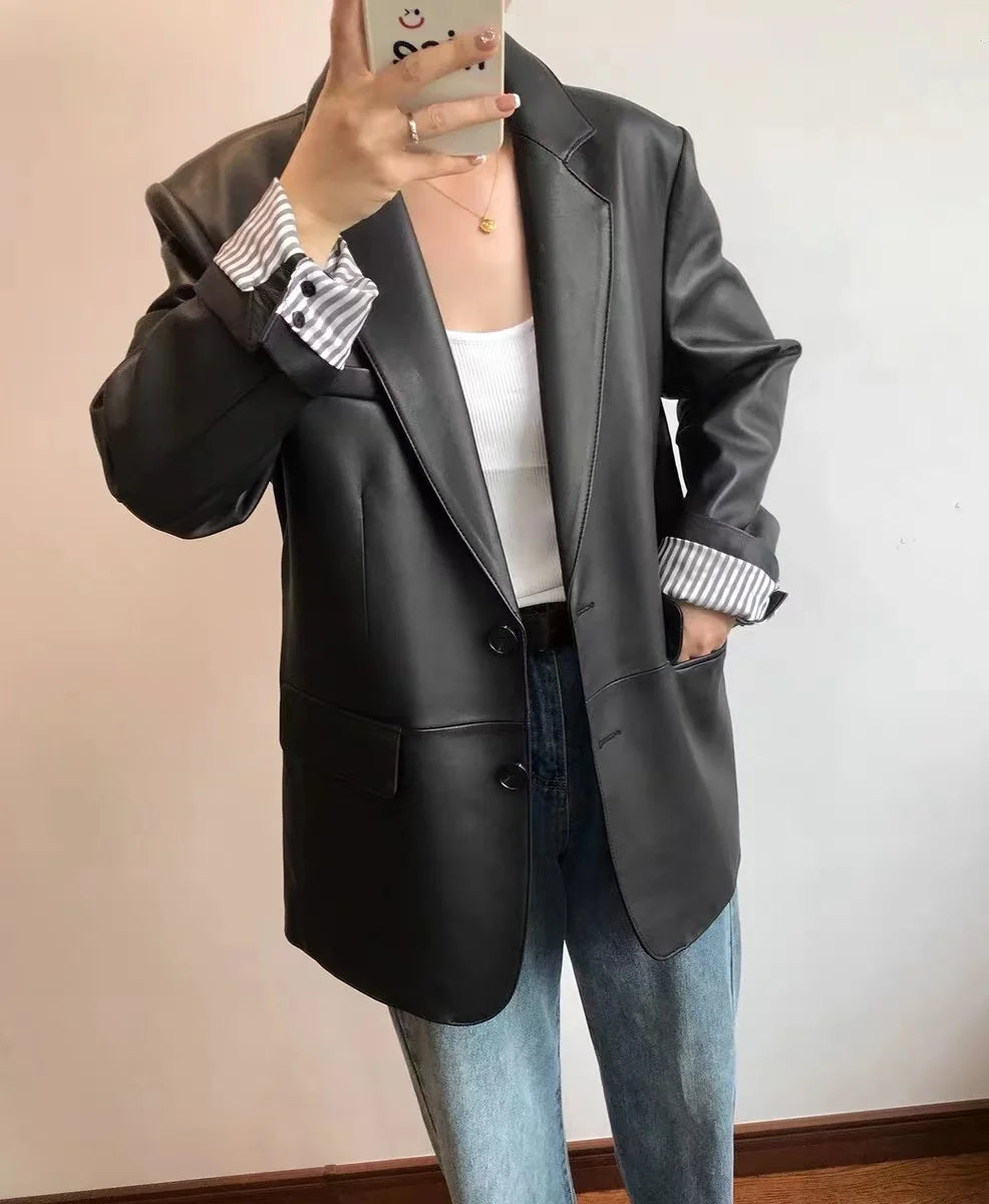 European American Streetwear Leather Jacket For Women Chic Loose Fit Suit Coat Female Flip Pocket Two Bottons White Blazer Mujer