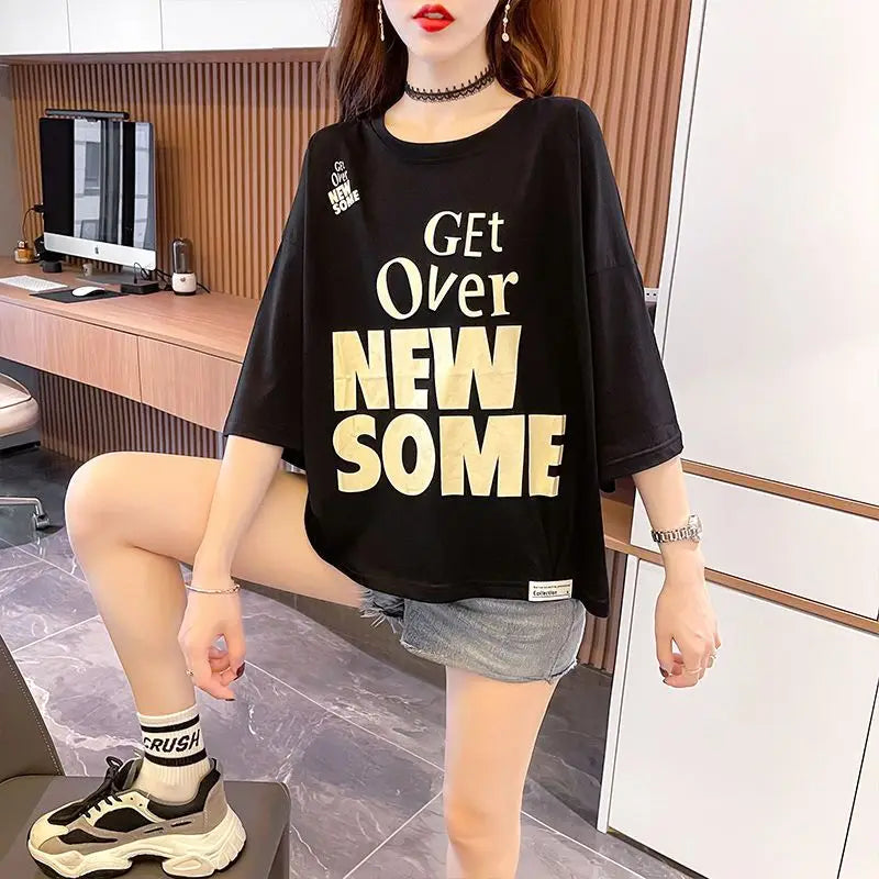 Women's T-shirt Summer Outfit Graphic Short Sleeve Cotton Top Female Baggy Trending Clothing Korean Popular Clothes Cheap Woman