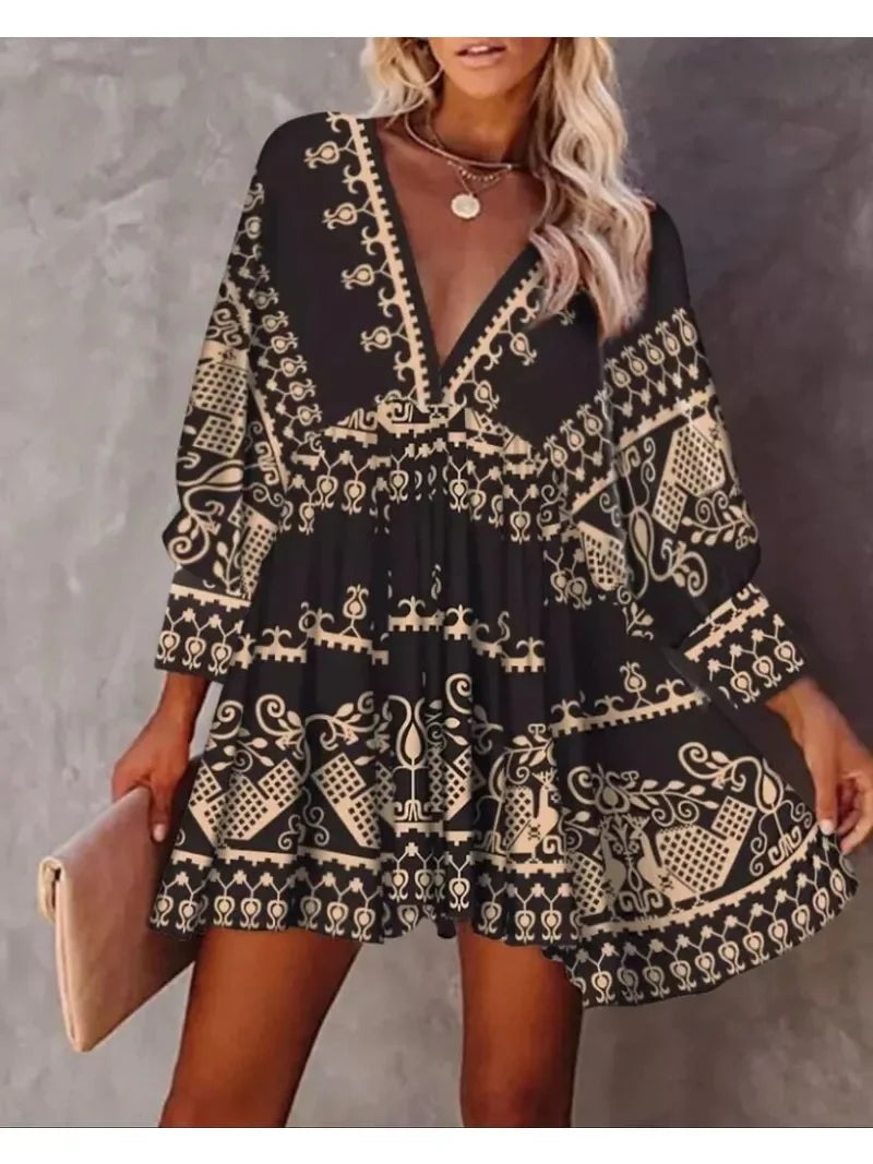 New Women's Spring Loose  V-neck Full Body Printed Fashion Short Skirt Pullover Long Sleeve Dress Bodycon Dress  Summer Dress