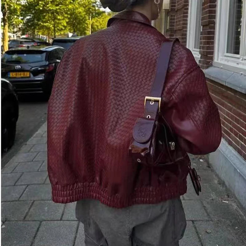 High-fashion Women Clothing 2025 New In Hand Knitting 100 % Leather Jacket Feminina Streetwear Burgundy Dropped Shoulder Coat