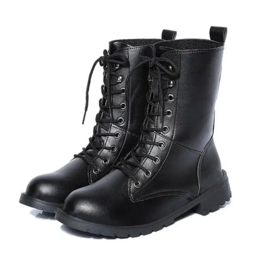 Women's Boots 2026New Casual High Top Boot Fashion Women Motorcycle Boot Classic Black Mid-calf Leather Boots Women Ankle Boots