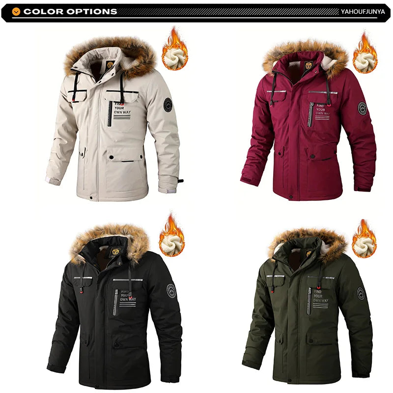 2026Winter Men Outwear Fleece Warm Removable Hooded Hiking Jacket Men Outdoor Windproof Casual Fashion Jacket Coat Male Clothing
