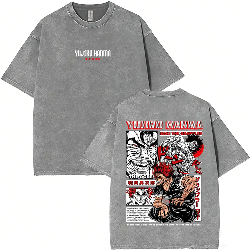 Washed Vintage Anime Baki Hanma Wake Up T-shirt Men Women Retro Manga Oversized T-shirts Men's Casual Cotton T Shirts Streetwear