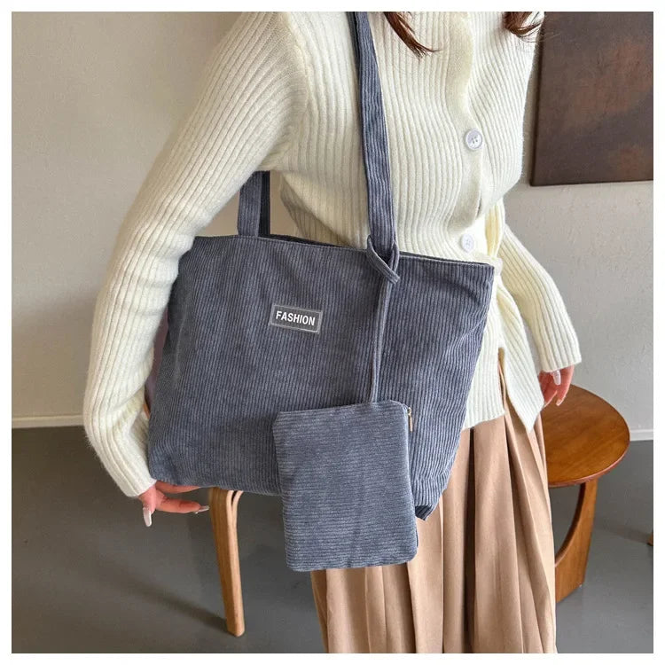 Ladies' handbag, corduroy ladies' shoulder bag, daily commuting tote bag, shoulder bag with small bag