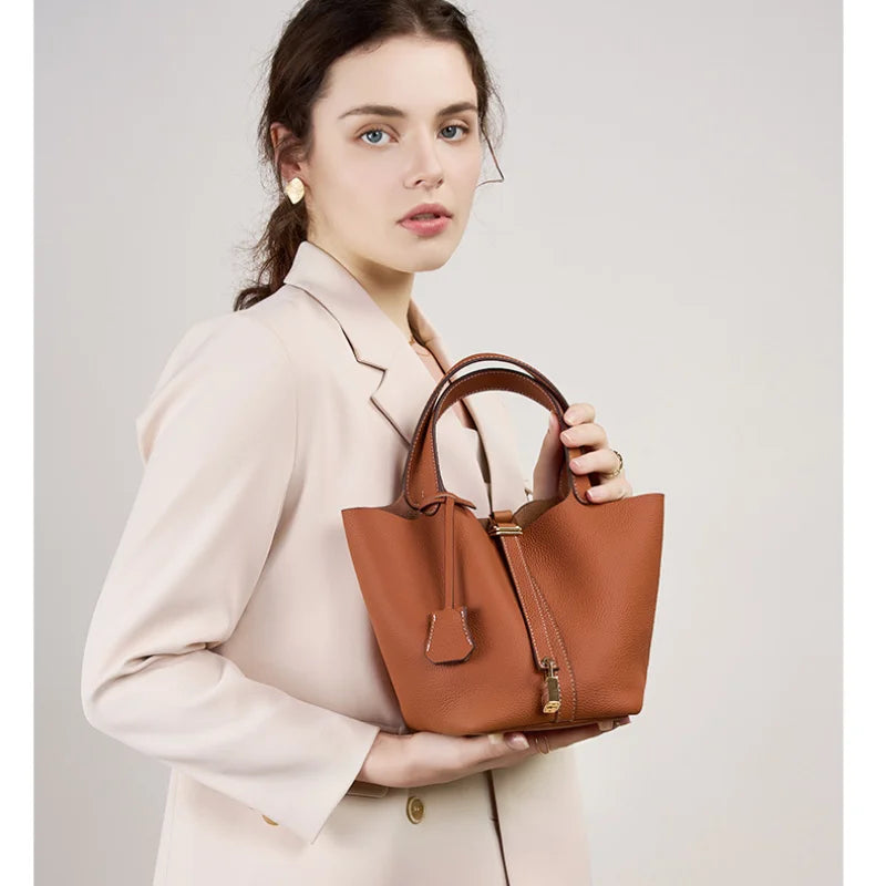 Ladies Handbag Female Bucket Bag Basket Shoulder Bag Travel BagLeather Bucket BagLarge Soft Leather Tote with Lock Daily