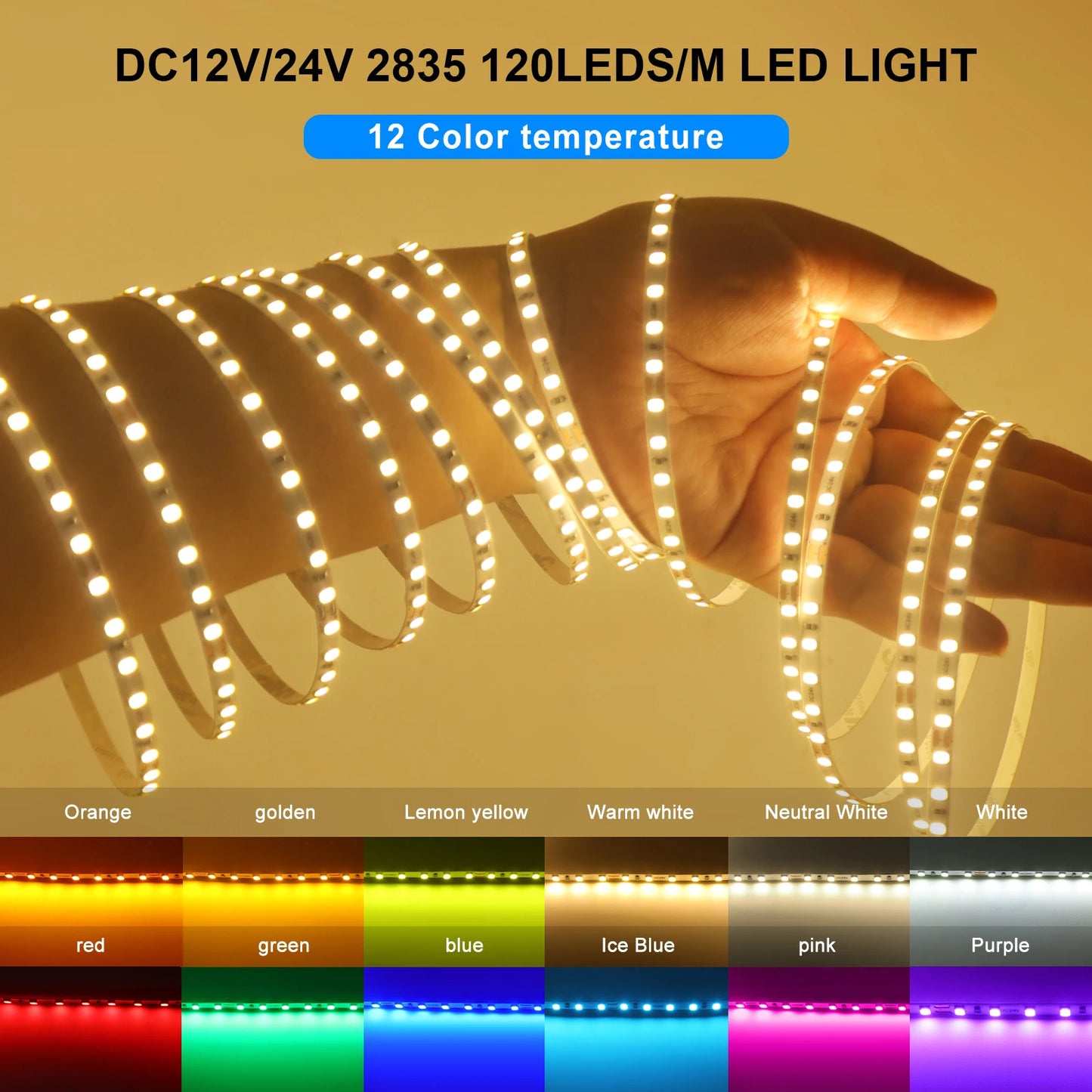 LED Strip 5mm 12V 24V 120LEDs/m Warm White Yellow Red Green Ice Blue Pink Purple Not Waterproof Flexible Tape for DIY Room Decor
